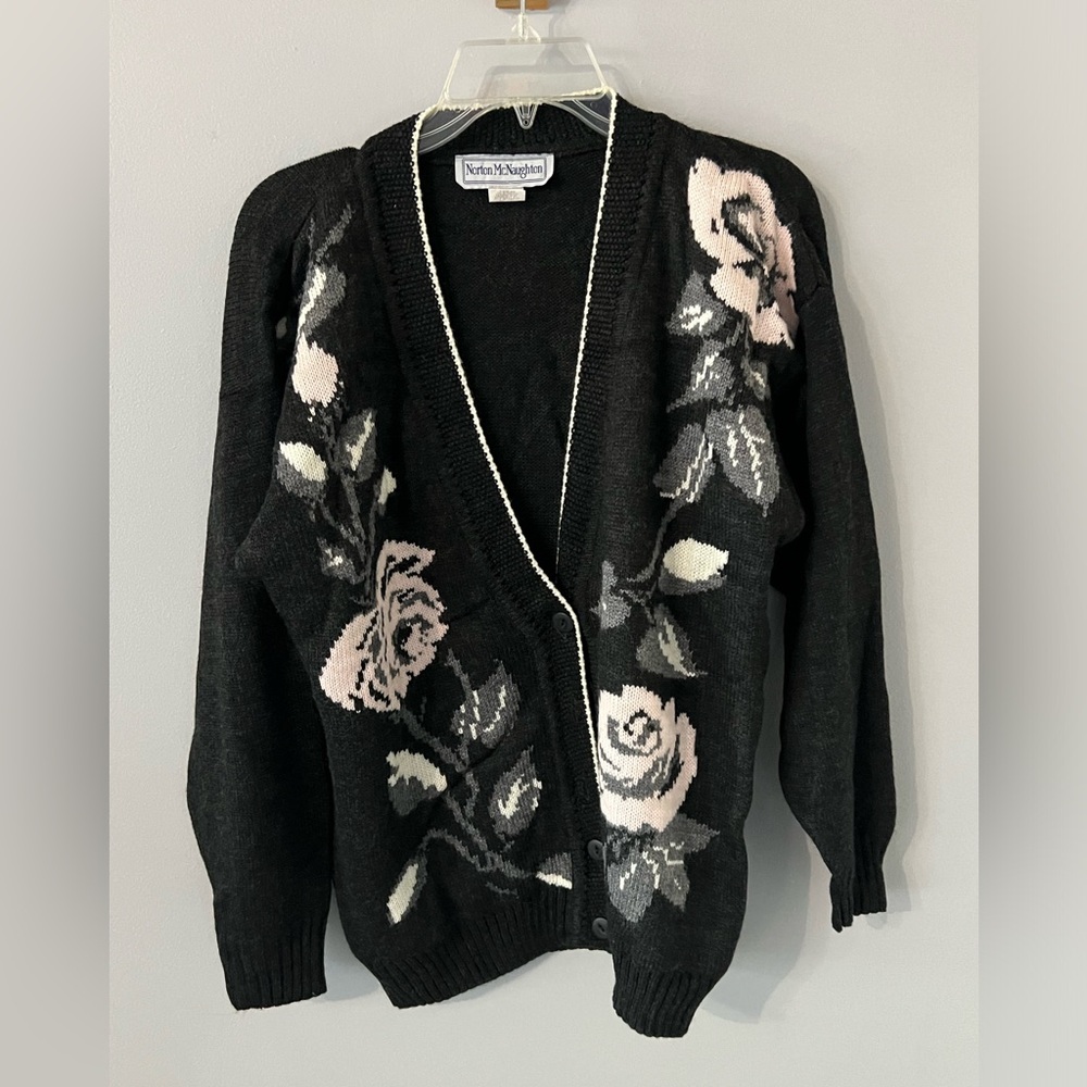 Vintage Norton Mc.Naughton Oversize Romantic Rose Black Cream Floral Sweater Y2K